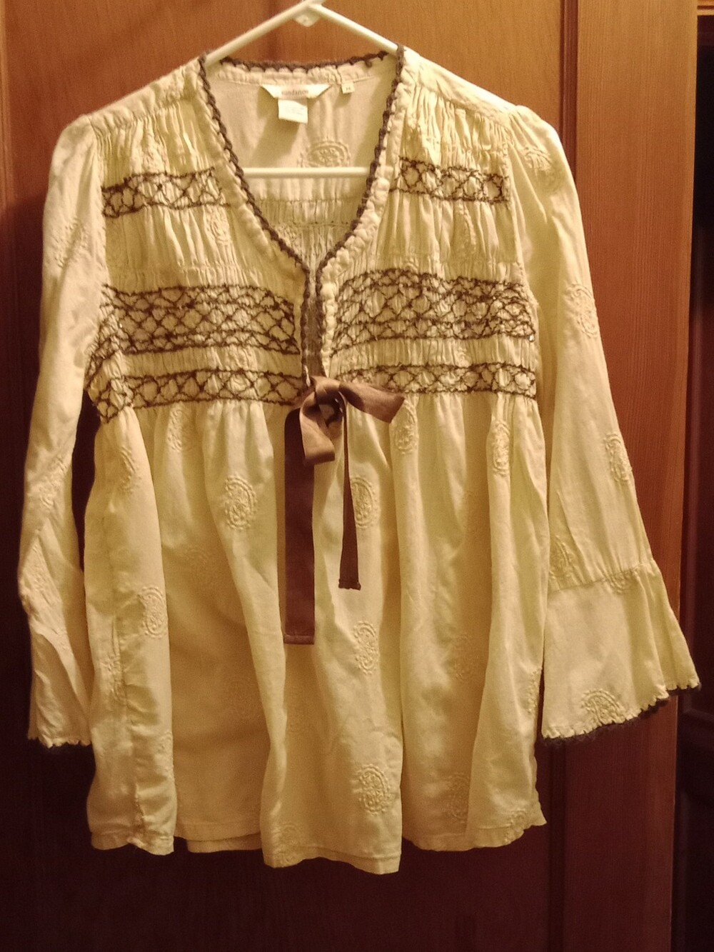 Sundance Cream Peasant Tunic with Brown Embroidered Yoke